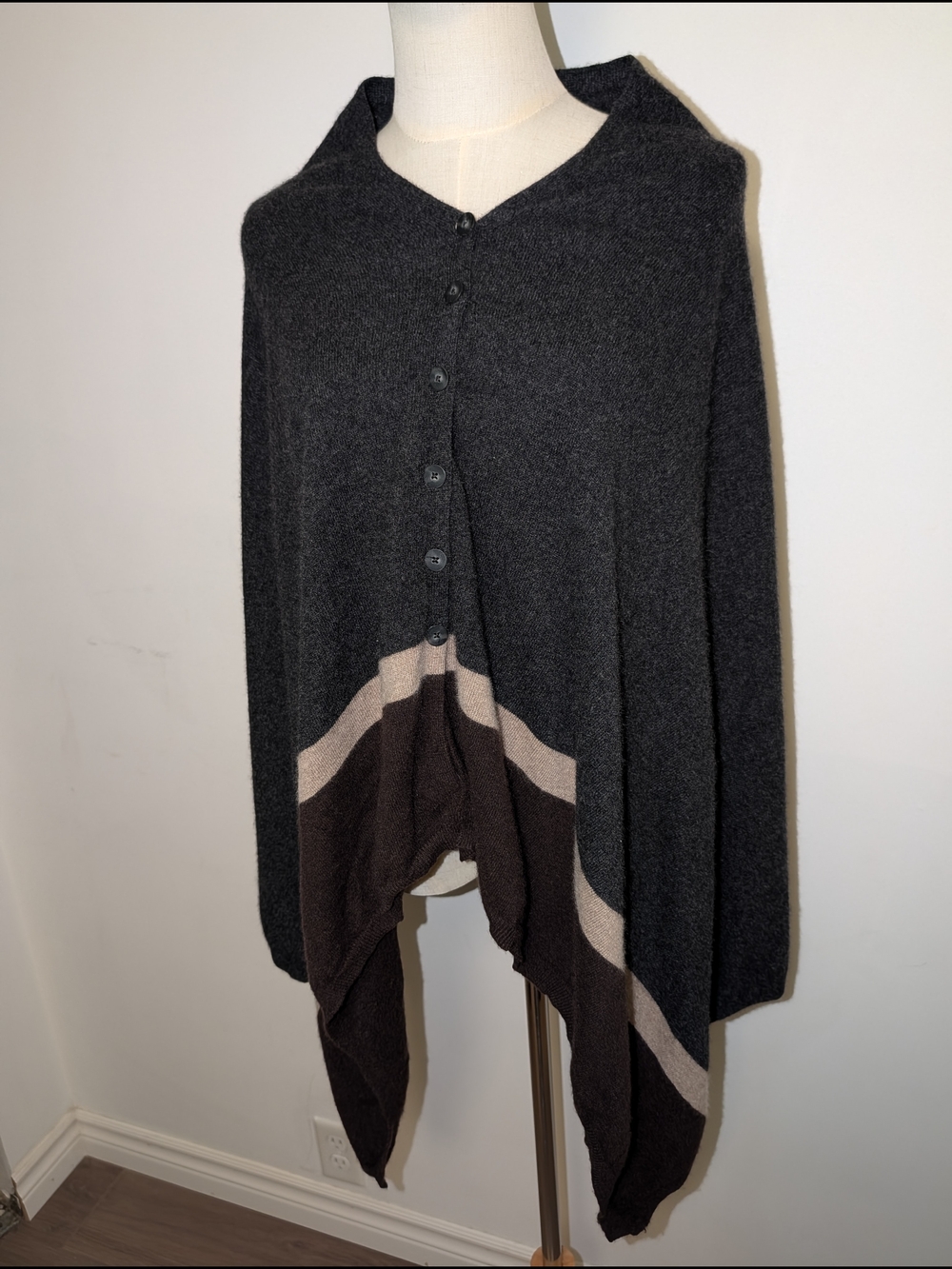 100% Cashmere Charcoal Poncho With Tan And Brown Stripes
